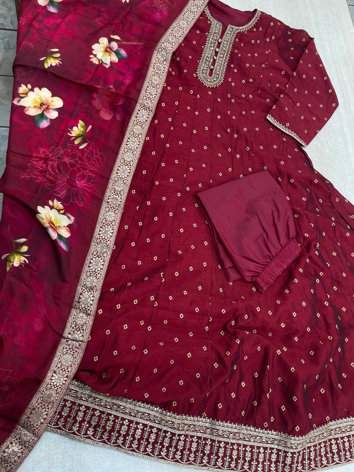 Iman - Maroon Embroidered Anarkali with digital print scarf - 3 Pcs