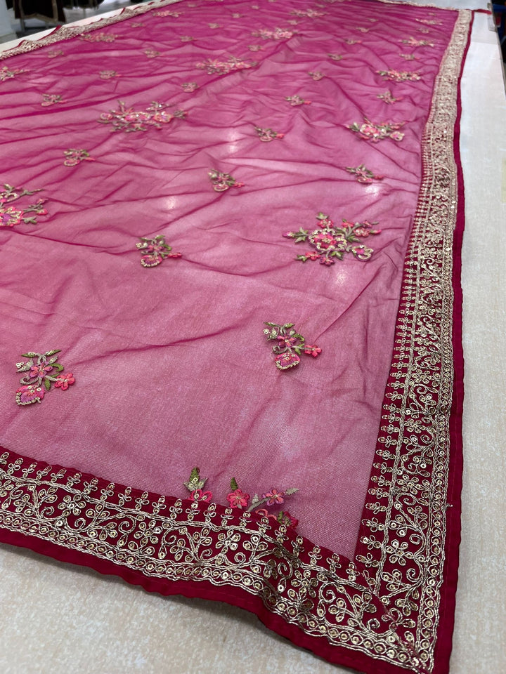 Delicate Grace – Cerise Pink Embroidered Net Dupatta with Rose Gold Detailing