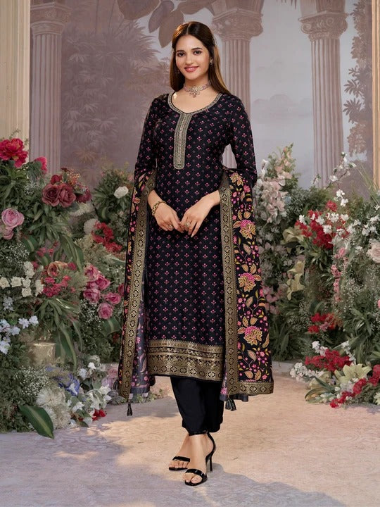 Sara – Black Russian Silk Kurta Set with Digital Print Work Paired with Russian Silk Digital Printed Duppatta – 3 Pcs