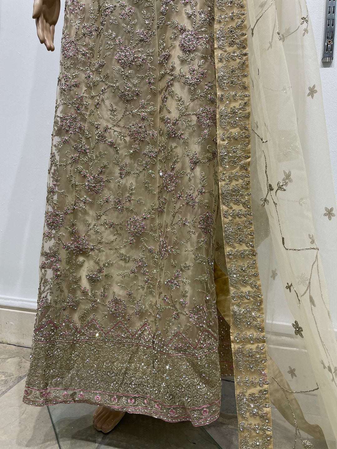 Safiya - Champagne Gold Heavy Embroidered Net Gown with Net Scarf - 3pcs