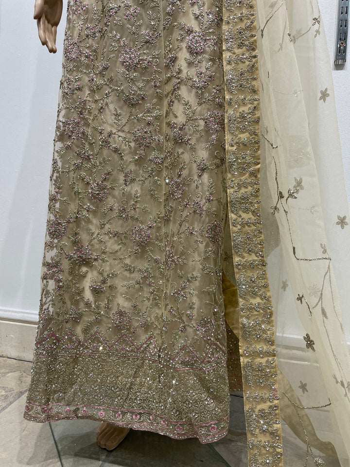 Safiya - Champagne Gold Heavy Embroidered Net Gown with Net Scarf - 3pcs