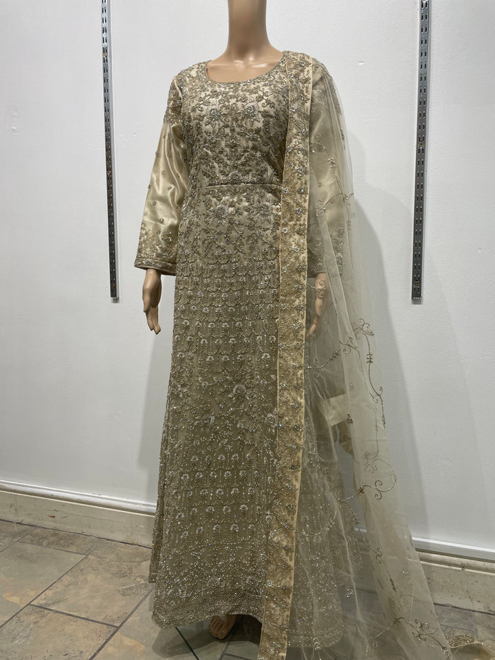 Yusra - Champagne Gold Heavy Embroidered Net Party Gown with White Gold Embroidered - 3pcs