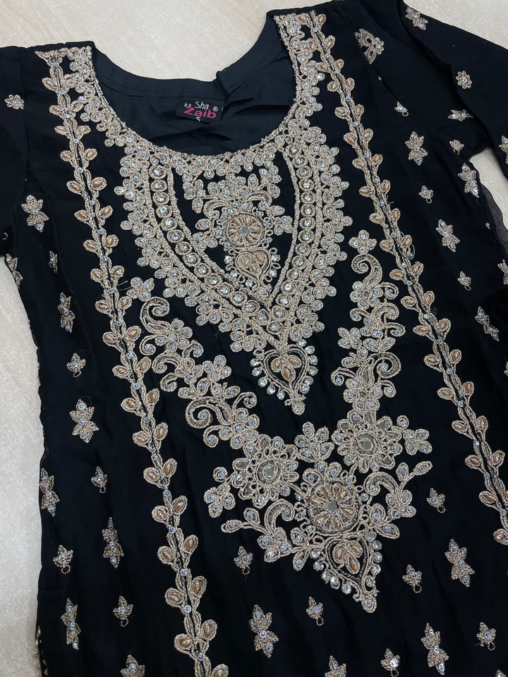 Aisha - Black embroidered Plazo - Rose Gold Embroidered & Gem work - 3Pcs