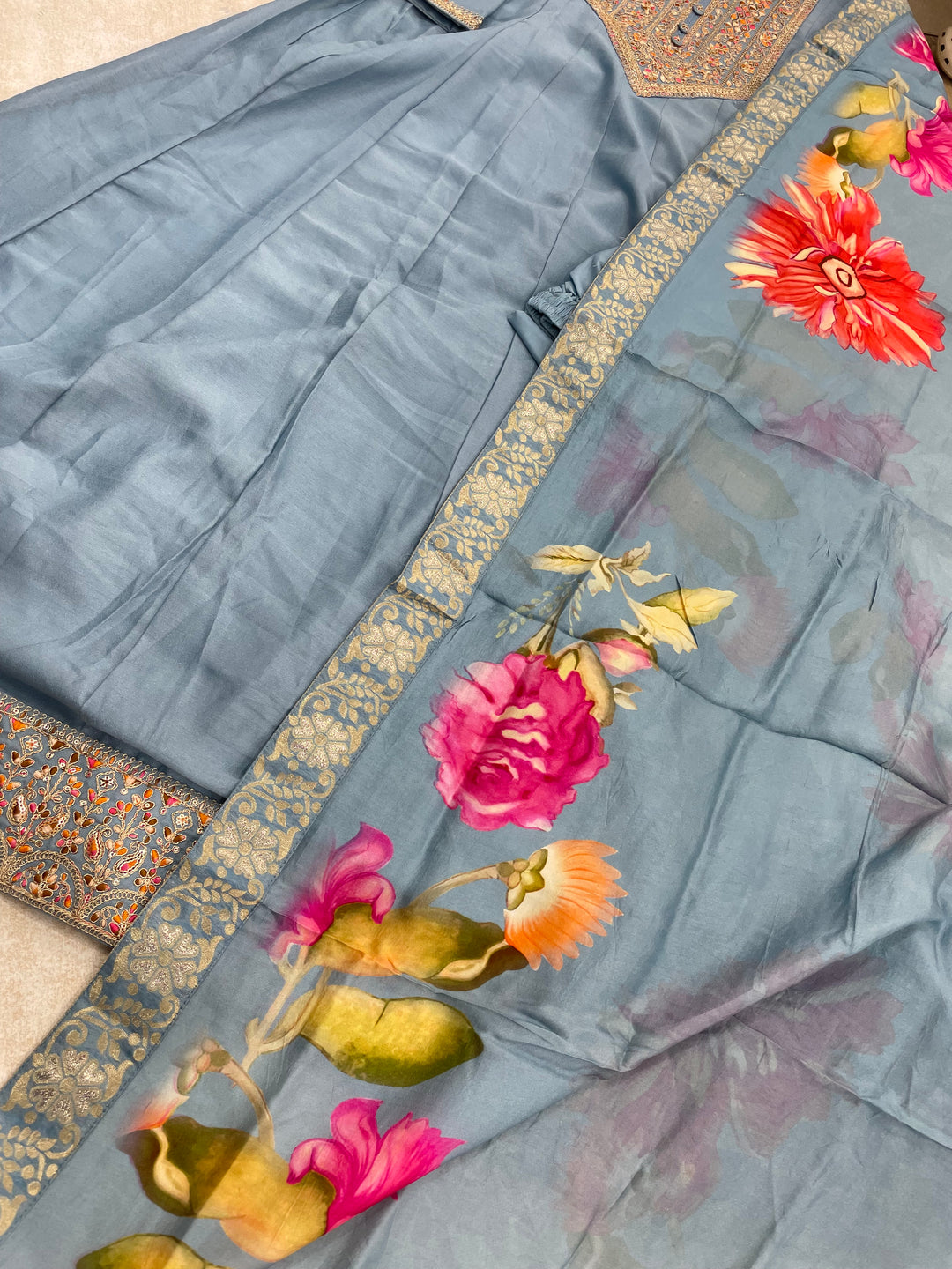 Aaliyah - Sky Blue embroidered anarkali With with print scarf - 3 Pcs