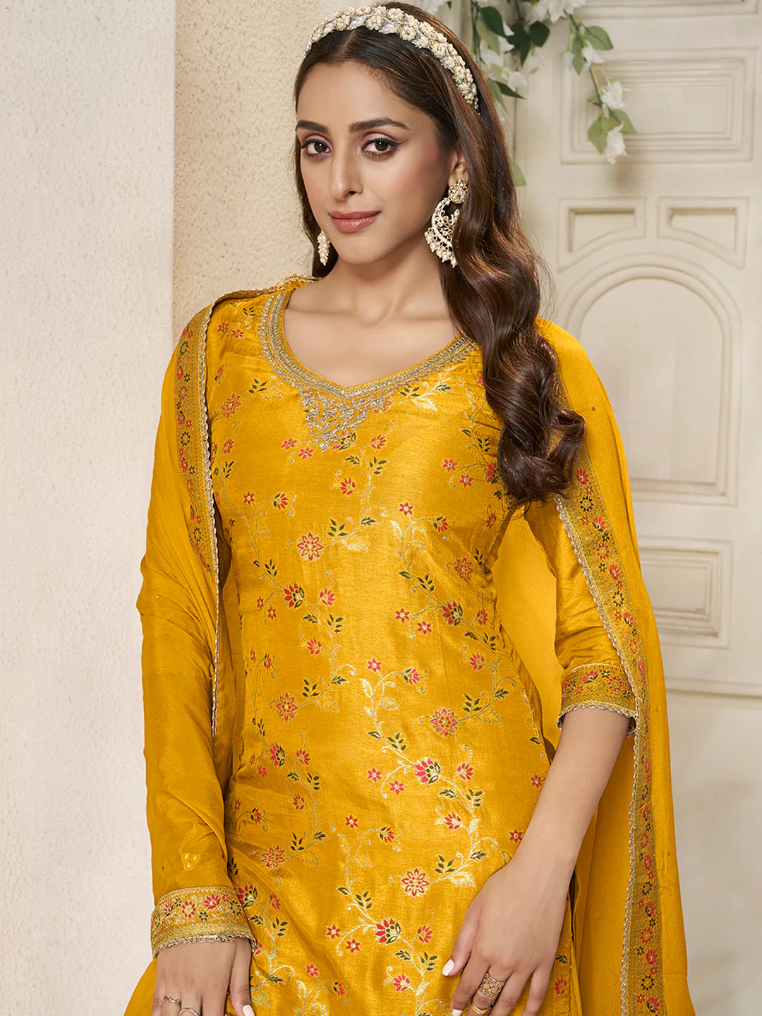 Sitara – Yellow Dola Silk Floral Jacquard Kurta with Plazo & Dupatta – 3 Pcs