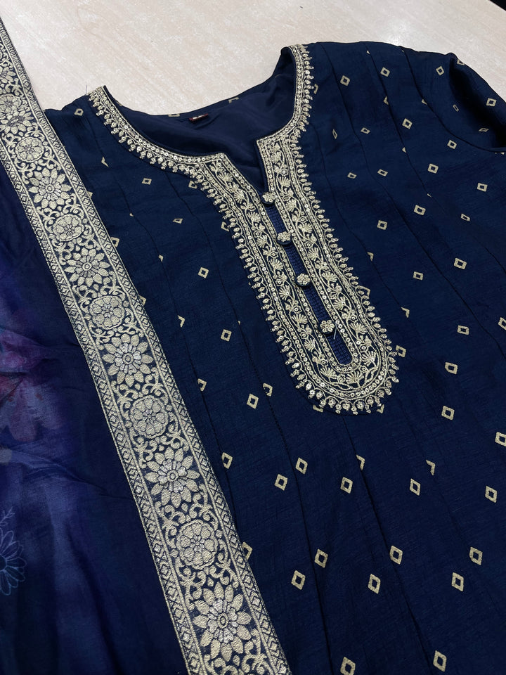 Iman - Navy Blue Embroidered Anarkali with digital print scarf - 3 Pcs