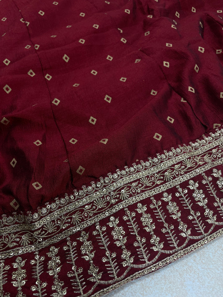 Iman - Maroon Embroidered Anarkali with digital print scarf - 3 Pcs