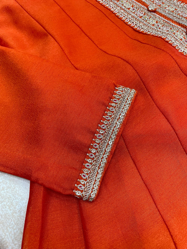 Hooriya - Orange Embroidered Anarkali with Jacquard Dupatta - 3 Pcs