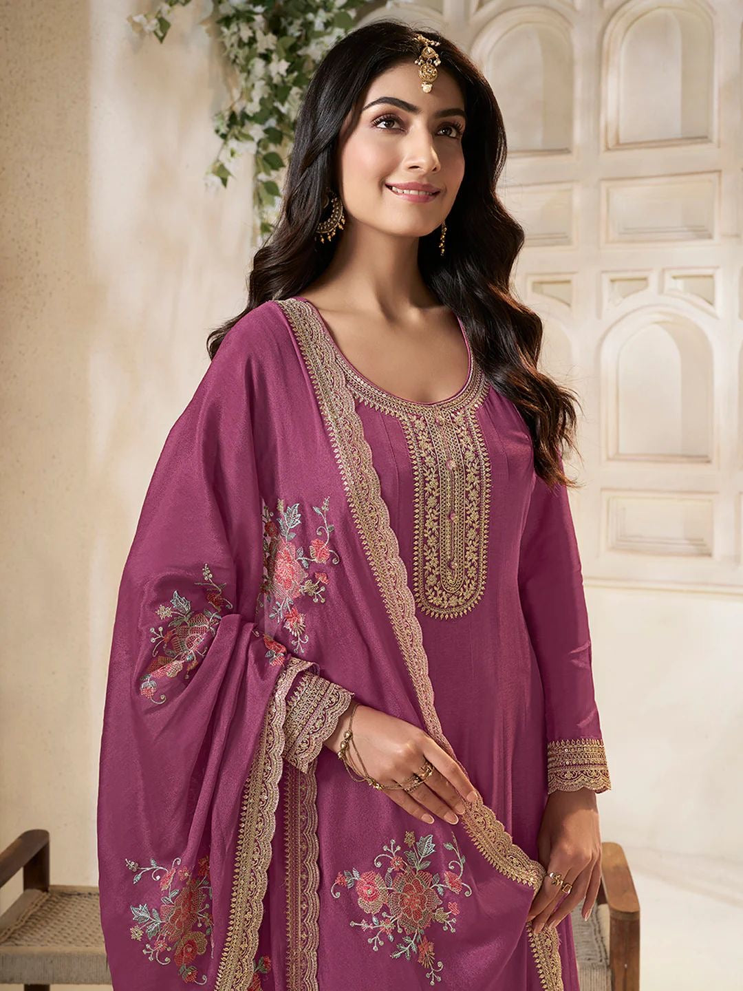 Amal – Purple Chinon Embroidered Anarkali Suit with Scalloped Dupatta - 2pcs