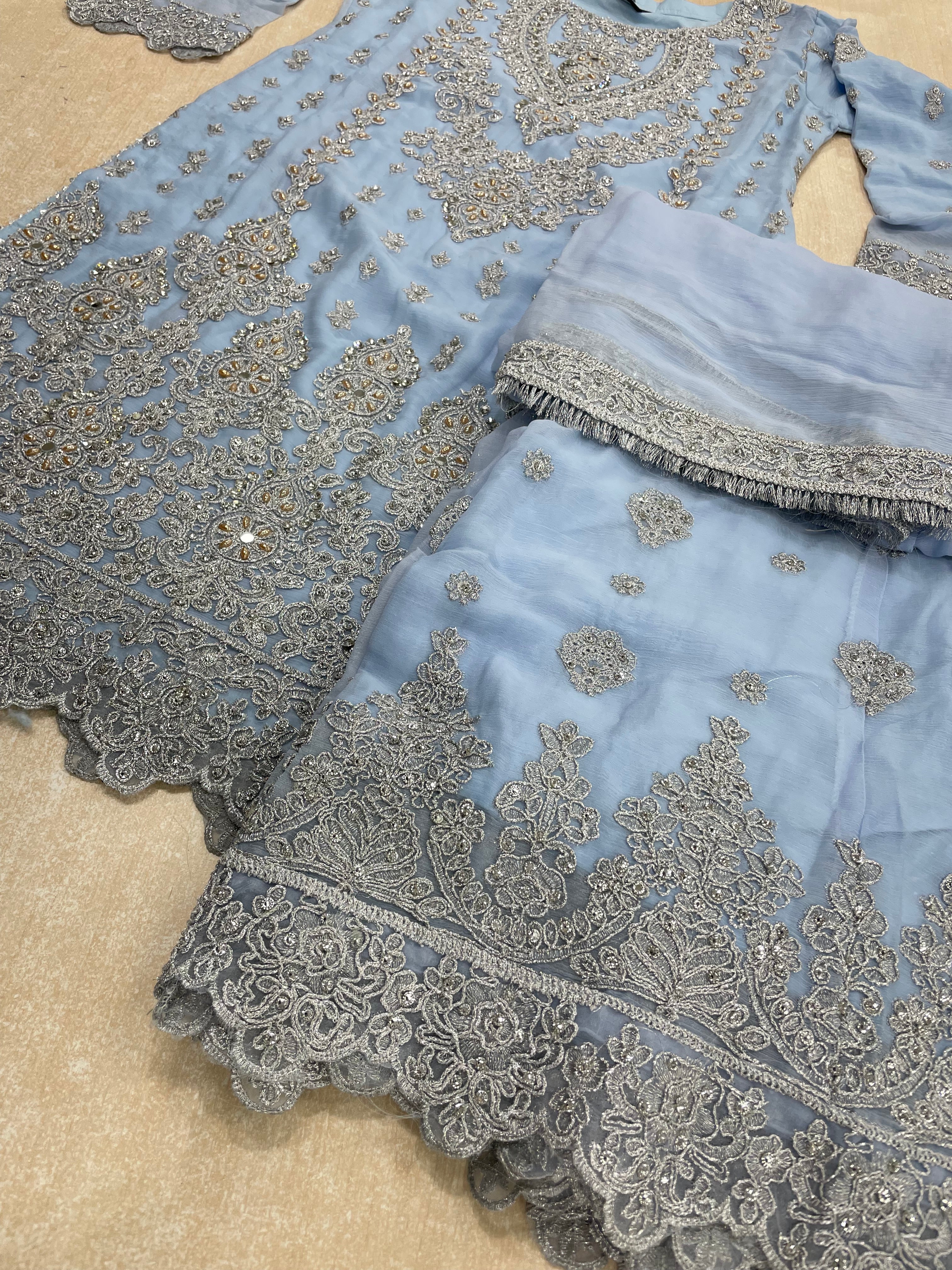 Sky Blue embroidered Plazo - Silver Embroidered & Gem work - 3Pcs