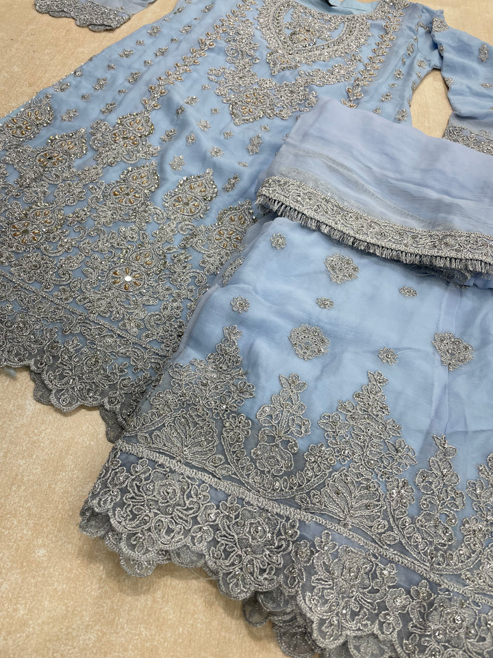 Aisha - Sky Blue embroidered Plazo - Silver Embroidered & Gem work - 3Pcs