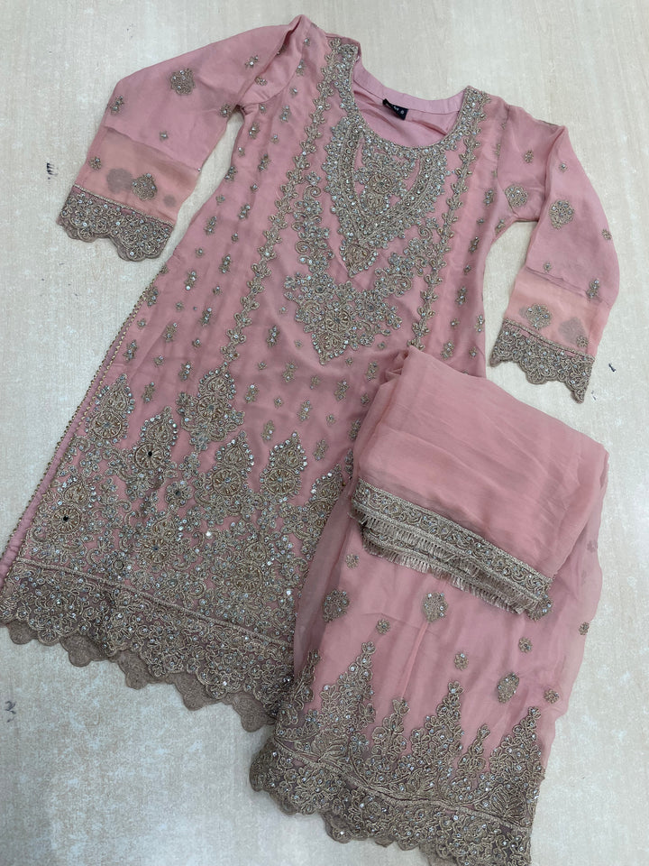 Aisha - Pink embroidered Plazo - Rose Gold Embroidered & Gem work - 3Pcs