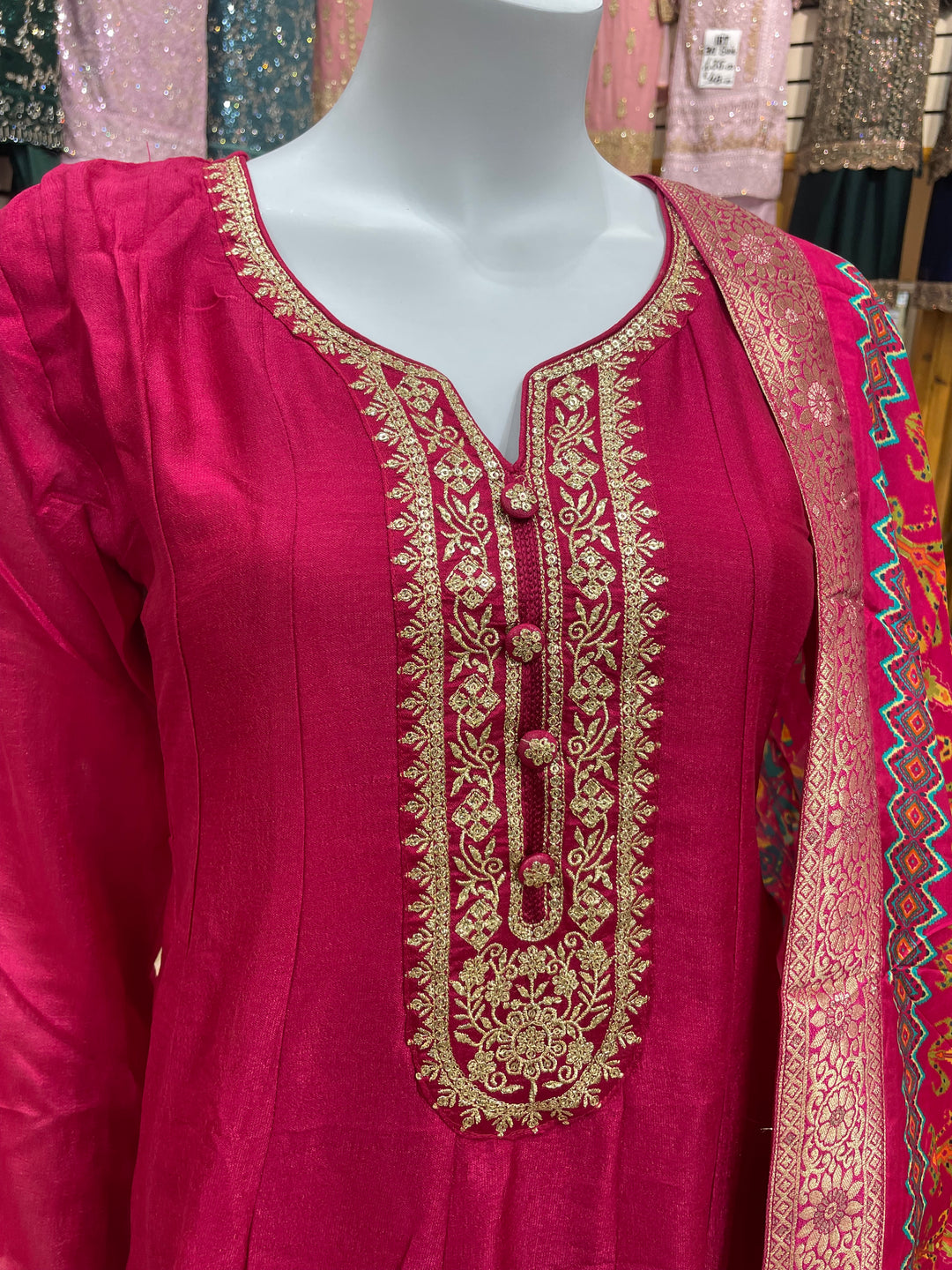 Dunya – Cerise Pink Bhagalpuri Silk Anarkali with Digital Print Dupatta – 2 Pcs