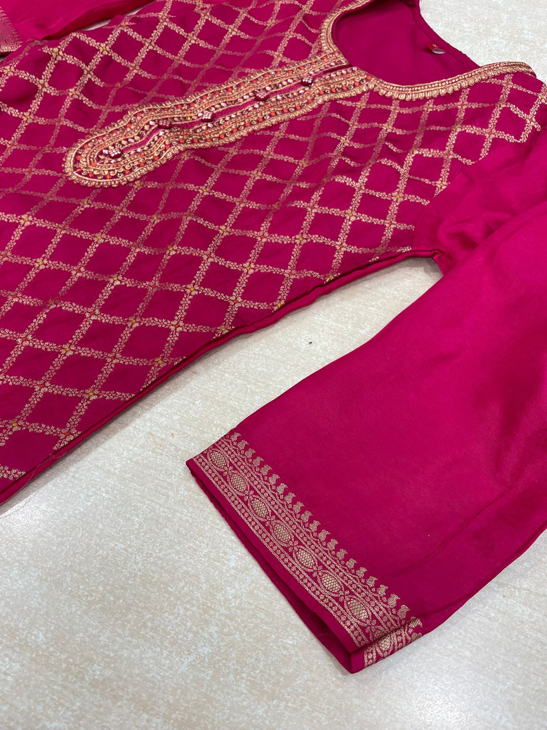 Aleena - Cerise Pink Pure Viscose Dola with Embroidery Work & Digital Print Scarf - 3 Pcs
