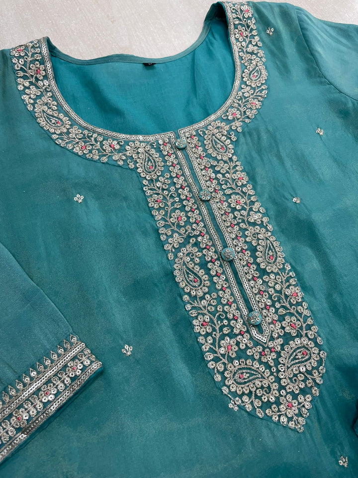Elham – Turquoise Masoori Embroidered Suit Set with Printed Dupatta - 3pcs