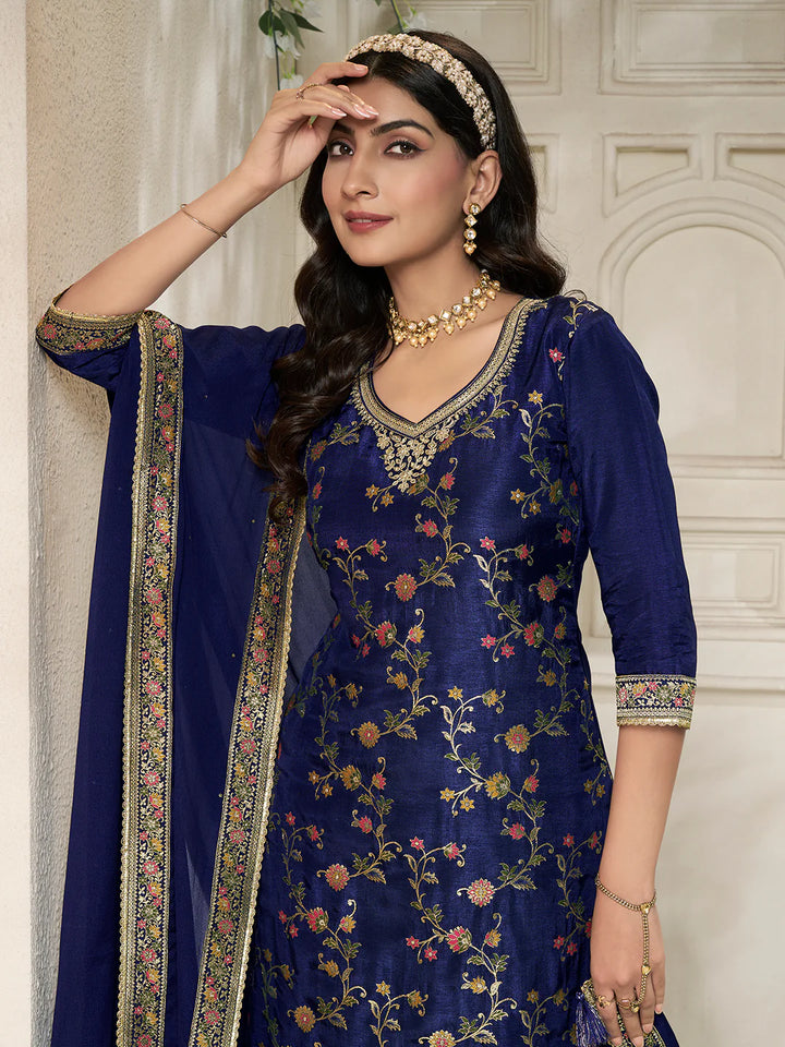 Sitara – Navy Blue Dola Silk Floral Jacquard Kurta with Plazo & Dupatta – 3 Pcs