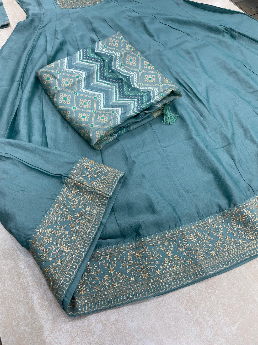 Yasmin - Dusky Turquoise Bhagalpuri Silk Frock with Digital Print Dupatta - 2pcs