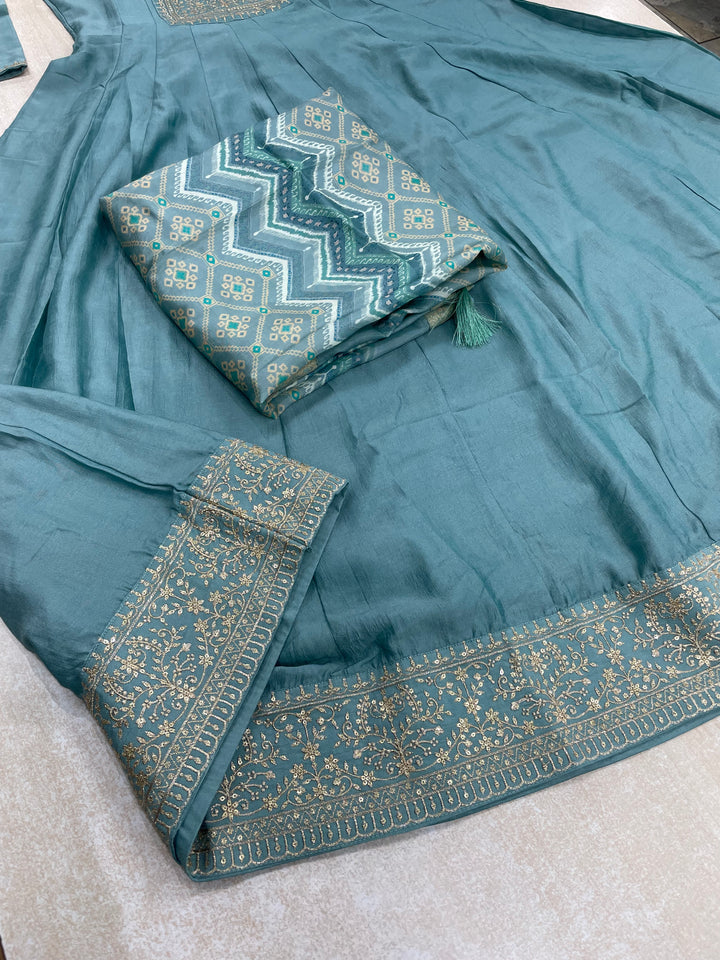 Yasmin - Dusky Turquoise Bhagalpuri Silk Frock with Digital Print Dupatta - 2pcs
