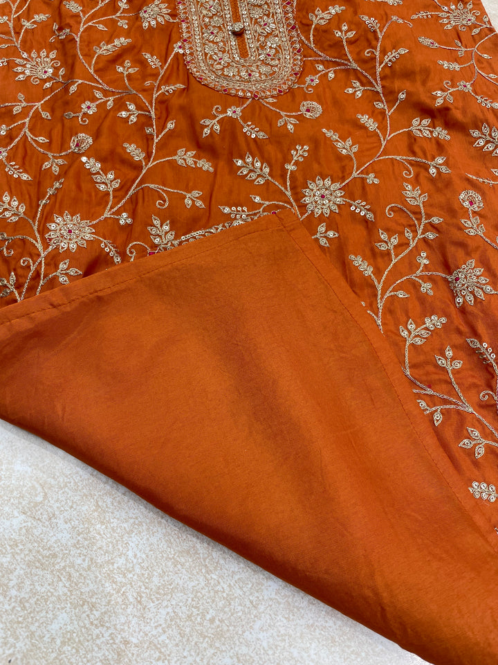 Aleeza – Orange Pure Silk Embroidered Set with Jacquard Dupatta - 3pcs