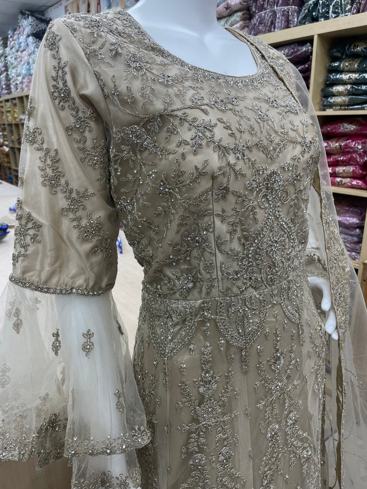 Jannah - Champagne Gold Heavy Embroidered Net Party Gown with Bell Sleeves/White Gold Embroidered - 3pcs