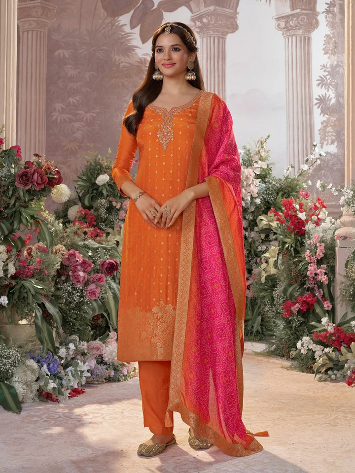 Kiran – Orange Dola Silk Kurta Set with Jacquard Detailing and Intricate Embroidery, Paired with a Cherry Silk Dupatta – 3 Pcs