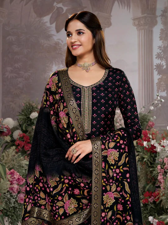 Sara – Black Russian Silk Kurta Set with Digital Print Work Paired with Russian Silk Digital Printed Duppatta – 3 Pcs
