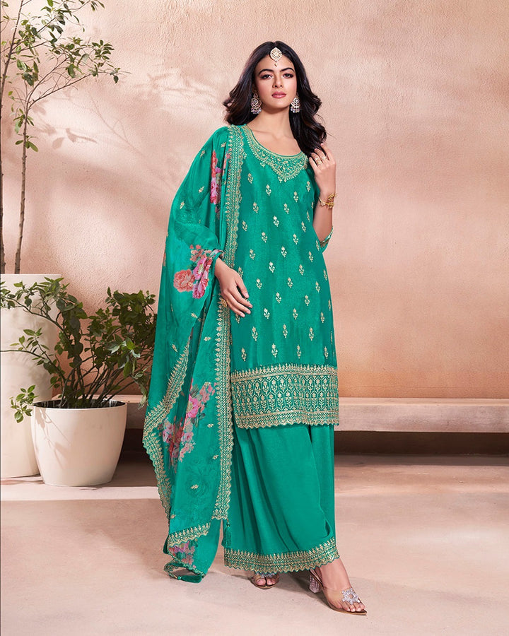 Mahira – Teal Green Sequins Embroidered Kurti Plazo Set with Digital Floral Dupatta – 3 Pcs