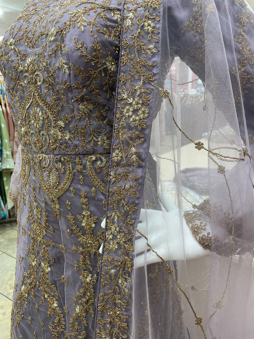 Jannah - Lavender Heavy Embroidered Net Party Gown with Bell Sleeves/Copper Gold Embroidered - 3pcs