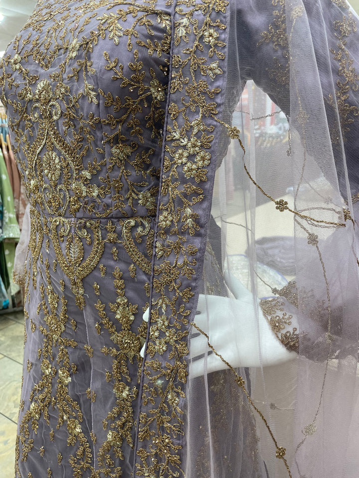 Jannah - Lavender Heavy Embroidered Net Party Gown with Bell Sleeves/Copper Gold Embroidered - 3pcs