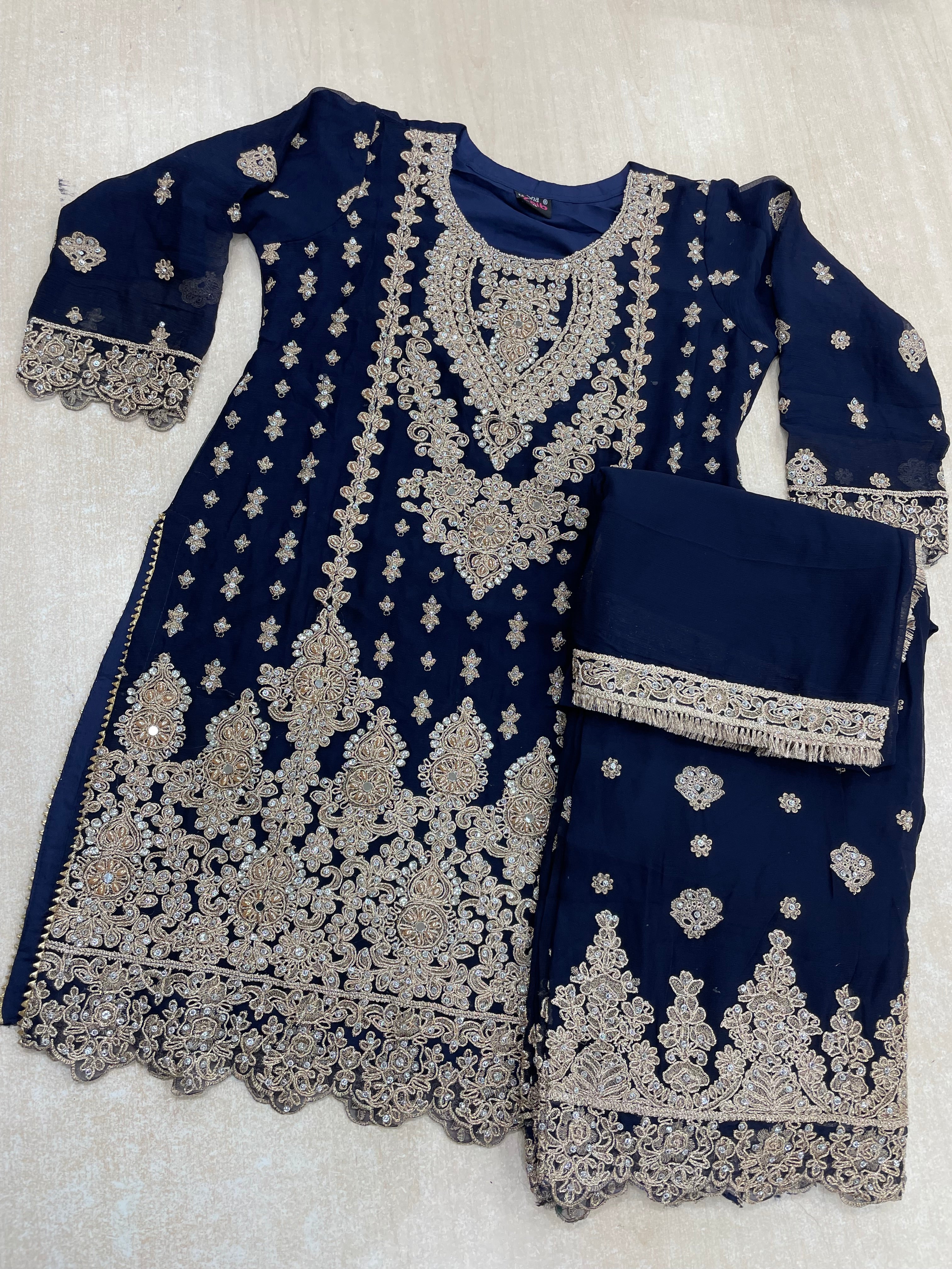 Navy Blue embroidered Plazo - Rose Gold Embroidered & Gem work - 3Pcs