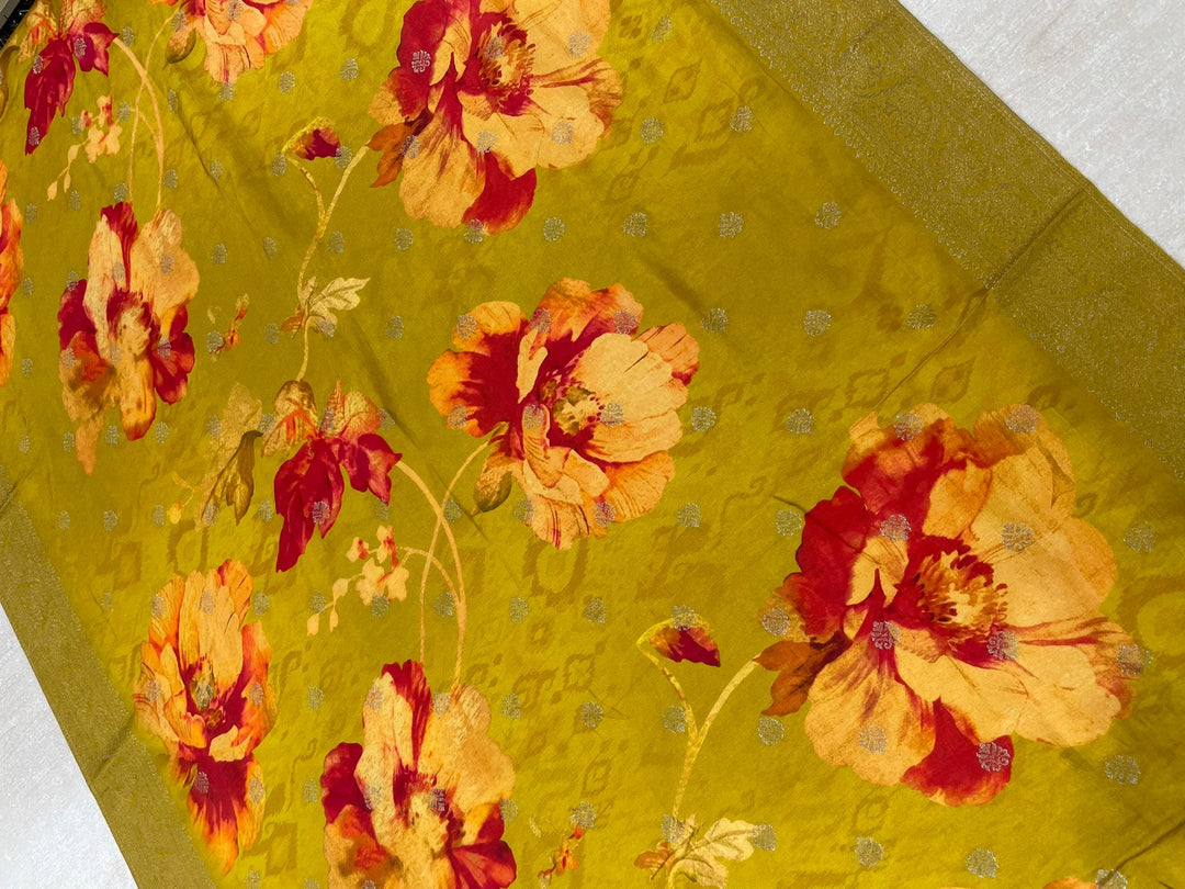 Aleena -Mustard Yellow Pure Viscose Dola with Embroidery Work & Digital Print Scarf - 3 Pcs