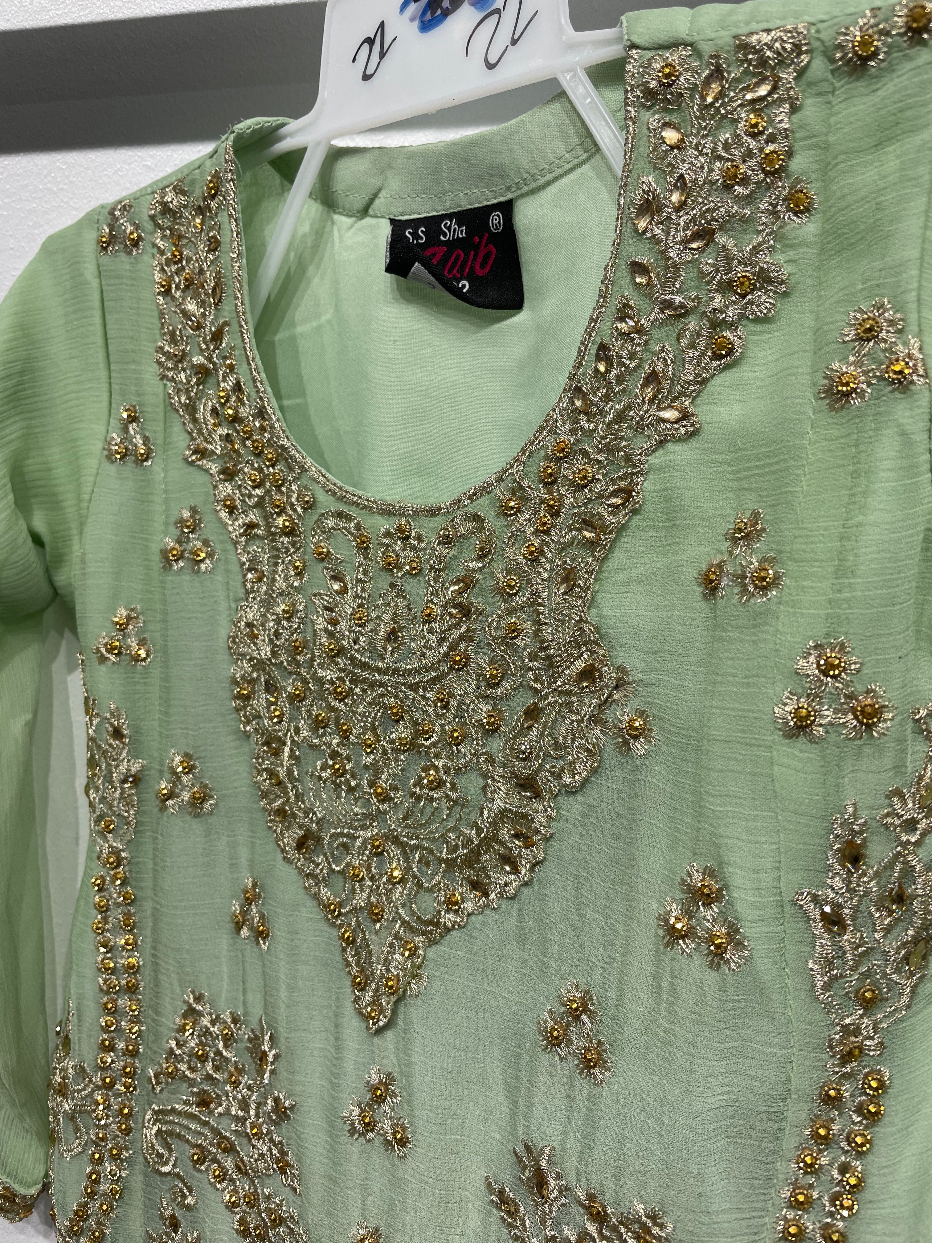 Kids Mint Green and Purple Chiffon Sharara - Gold Embroidery