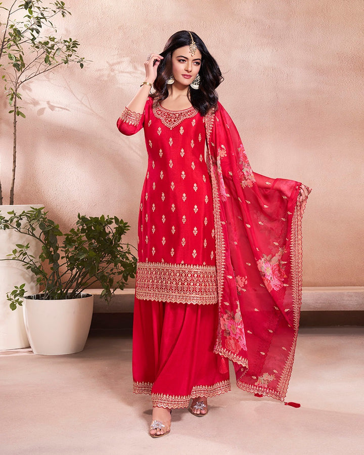 Mahira – Red Sequins Embroidered Kurti Plazo Set with Digital Floral Dupatta – 3 Pcs
