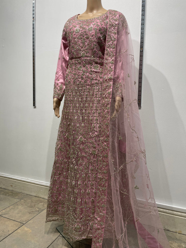 Yusra - Light Pink Heavy Embroidered Net Party Gown with White Gold Embroidered - 3pcs