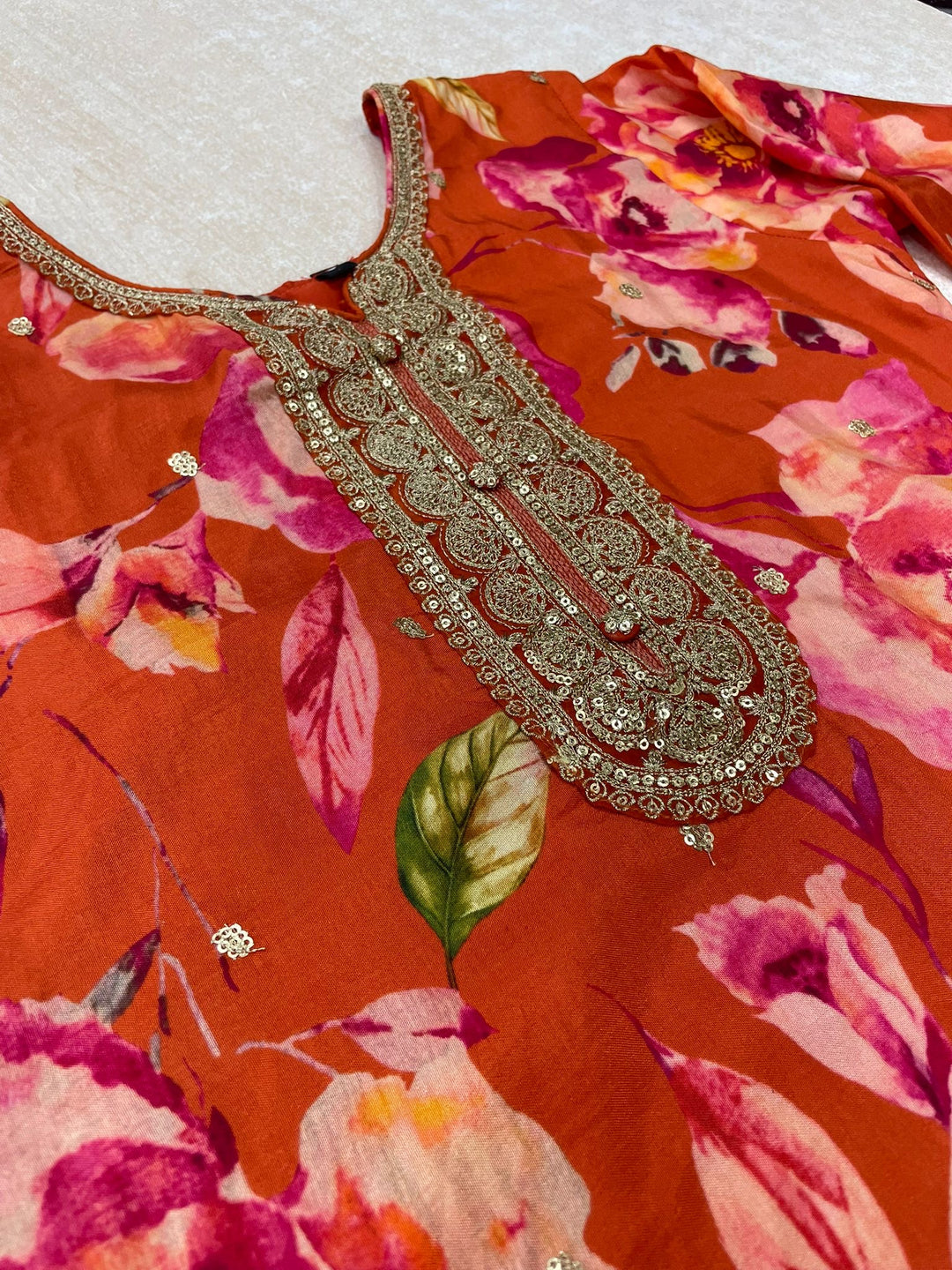 Nura - Burnt Orange - Pure Silk Printed Plazo Kameez with Georgette Dupatta - Co-ord - 3pcs