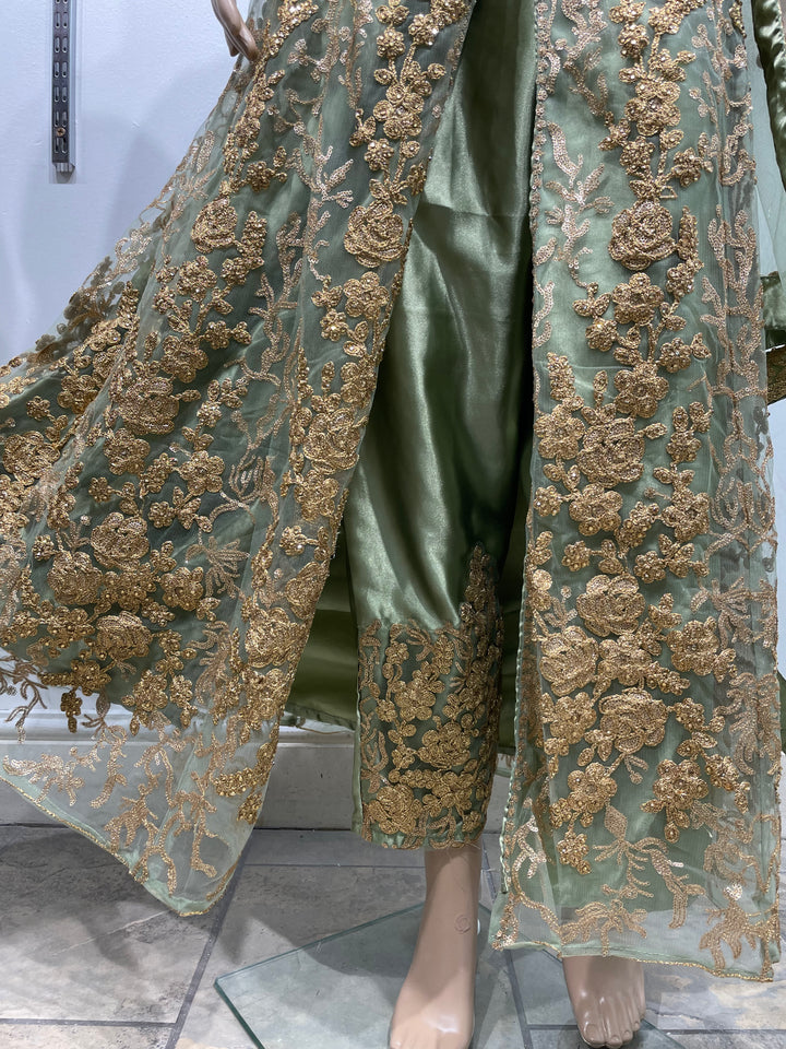 Meher - Mendhi Green Heavy Embroidered Gown with Front Split - 3pcs
