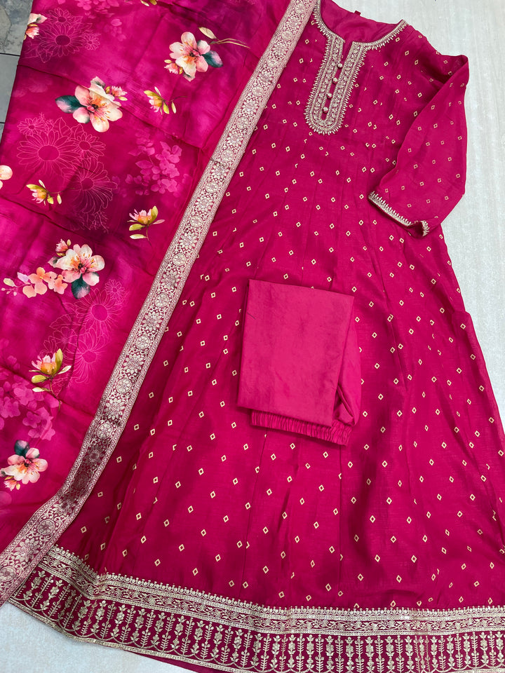 Iman - Pink Silk embroidered Anarkali with digital print scarf - 3 Pcs