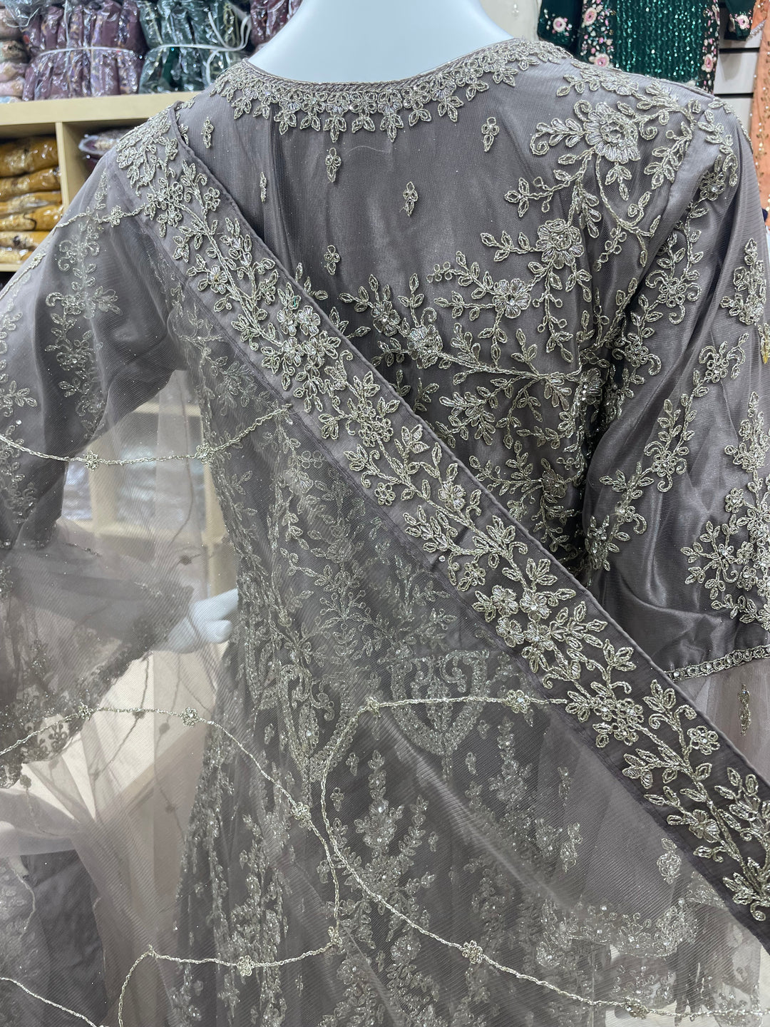 Jannah - Stone Grey Heavy Embroidered Net Party Gown with Bell Sleeves/White Gold Embroidered - 3pcs