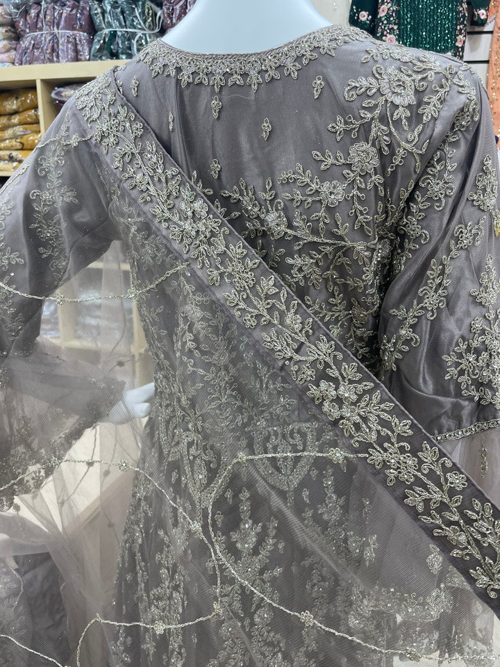 Jannah - Stone Grey Heavy Embroidered Net Party Gown with Bell Sleeves/White Gold Embroidered - 3pcs
