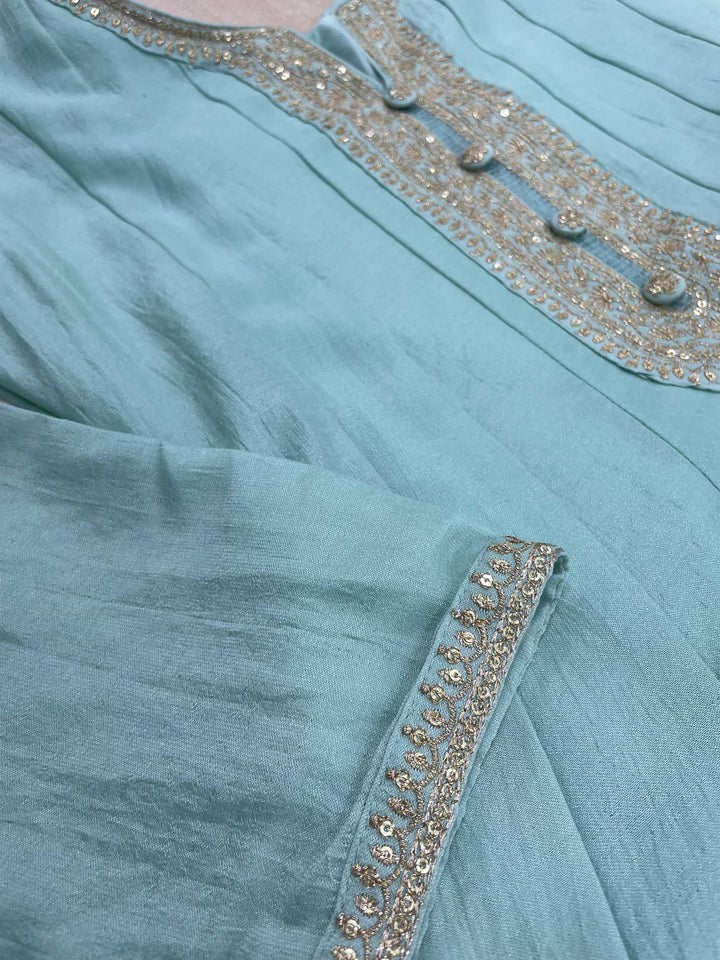 Aasma - Turquoise Bhagalpuri Silk Frock with Digital Print Dupatta - 2pcs