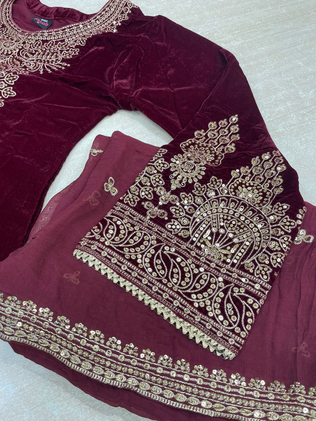 Zayrah - Maroon Velvet Kameez with Plazo - Embroidered & Gem work - 3Pcs