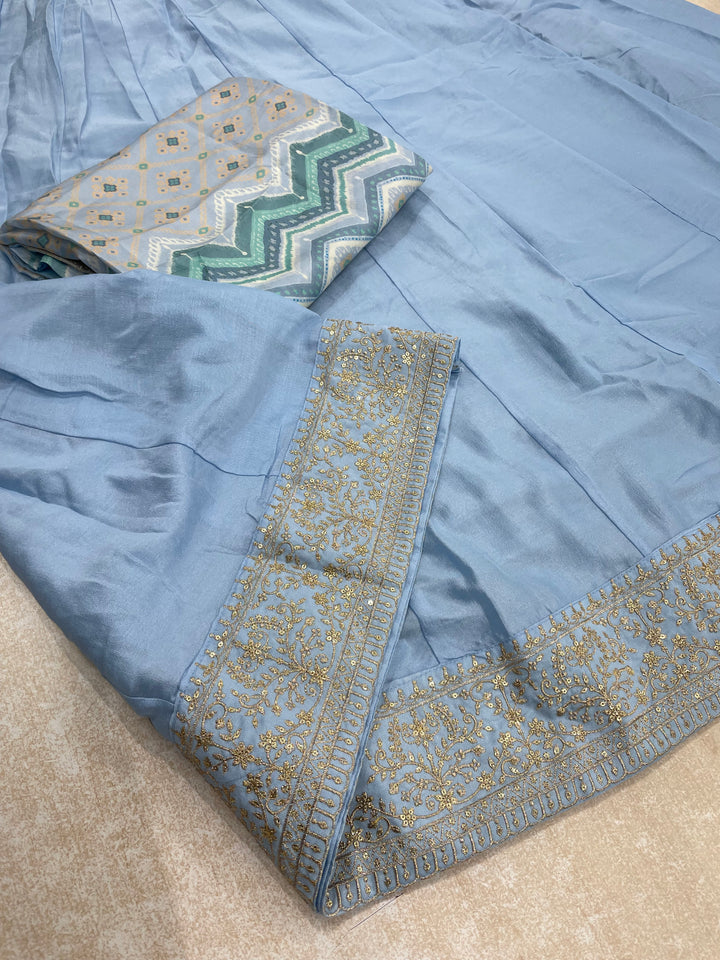 Yasmin - Sky Blue Bhagalpuri Silk Frock with Digital Print Dupatta - 2pcs
