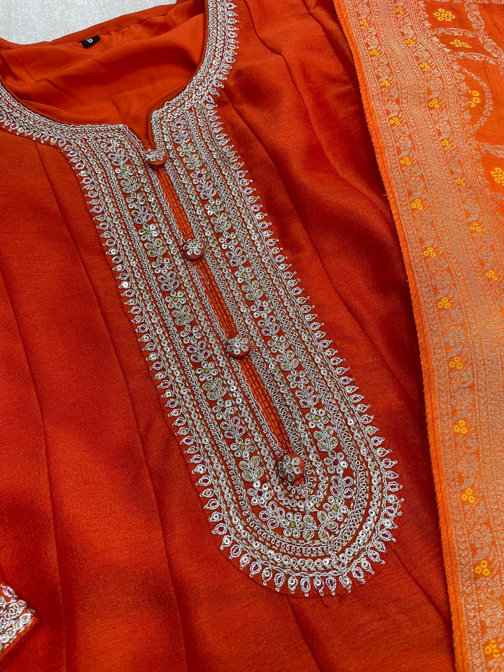 Hooriya - Orange Embroidered Anarkali with Jacquard Dupatta - 3 Pcs