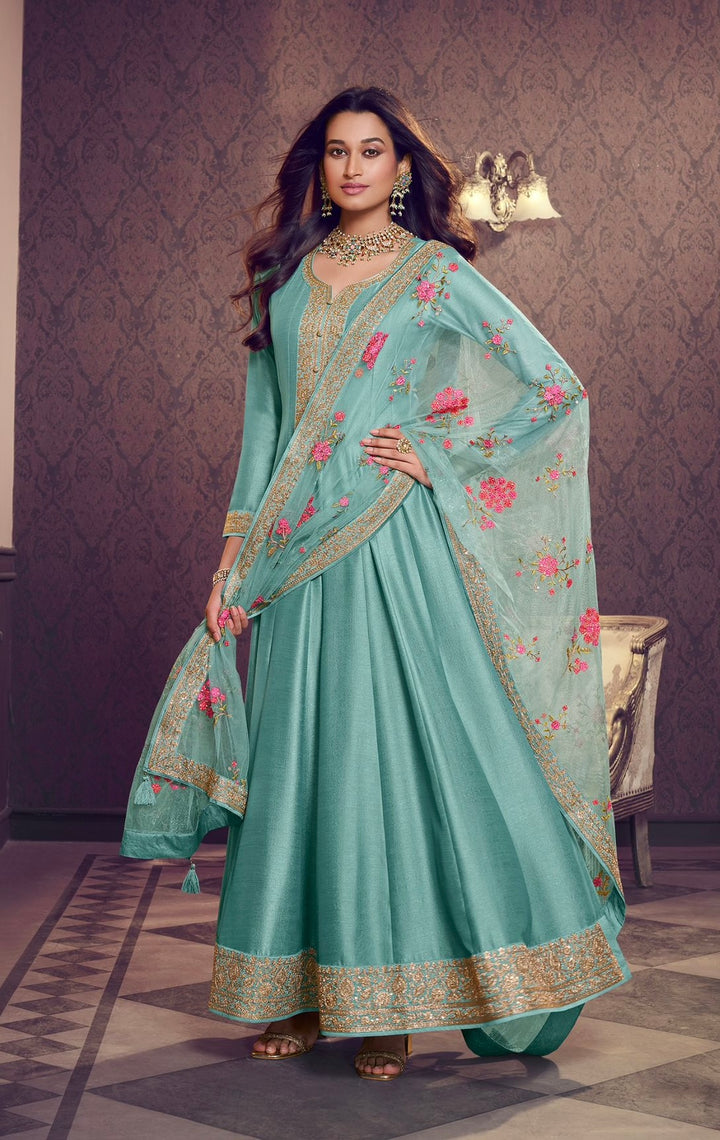 Marwah - Turquoise Embroidered Anarkali with Net Dupatta - 3 Pcs