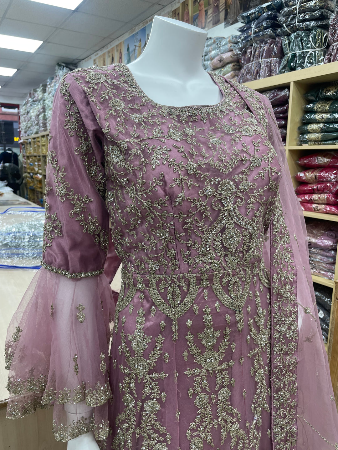 Jannah - Powder Pink Heavy Embroidered Net Party Gown with Bell Sleeves/White Gold Embroidered - 3pcs