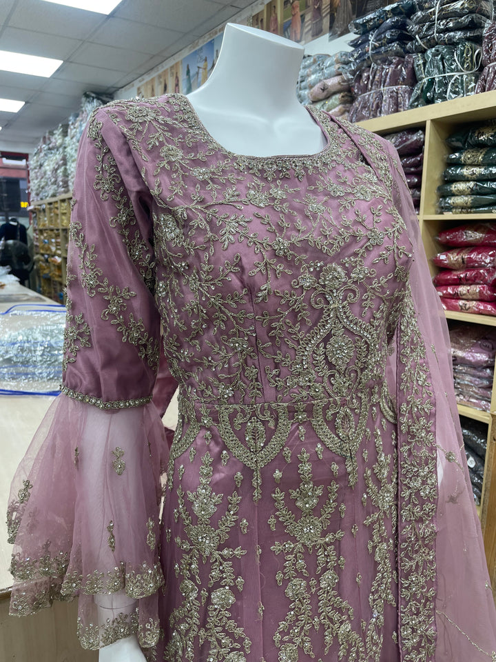 Jannah - Powder Pink Heavy Embroidered Net Party Gown with Bell Sleeves/White Gold Embroidered - 3pcs
