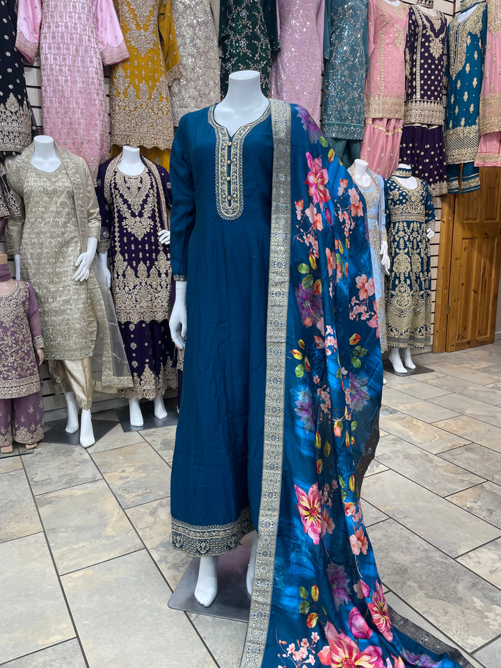Isra – Blue Bhagalpuri Silk Anarkali with Digital Print Dupatta – 2 Pcs