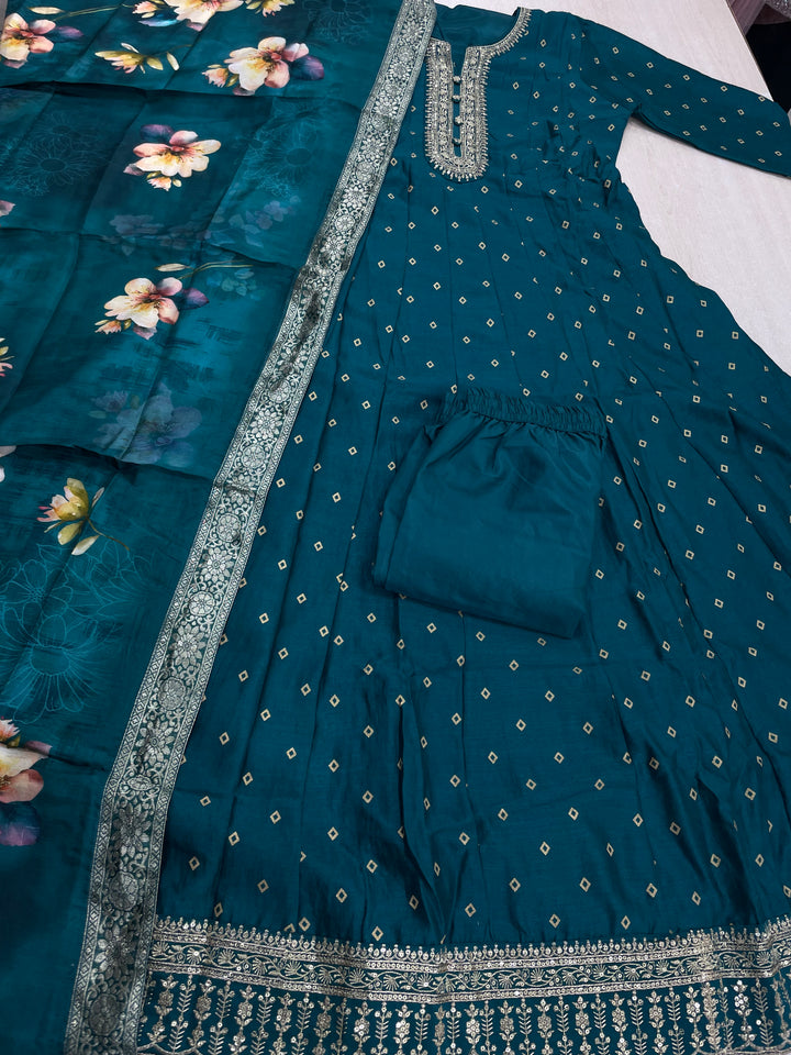 Iman - Teal Green Silk embroidered Anarkali with digital print scarf - 3 Pcs
