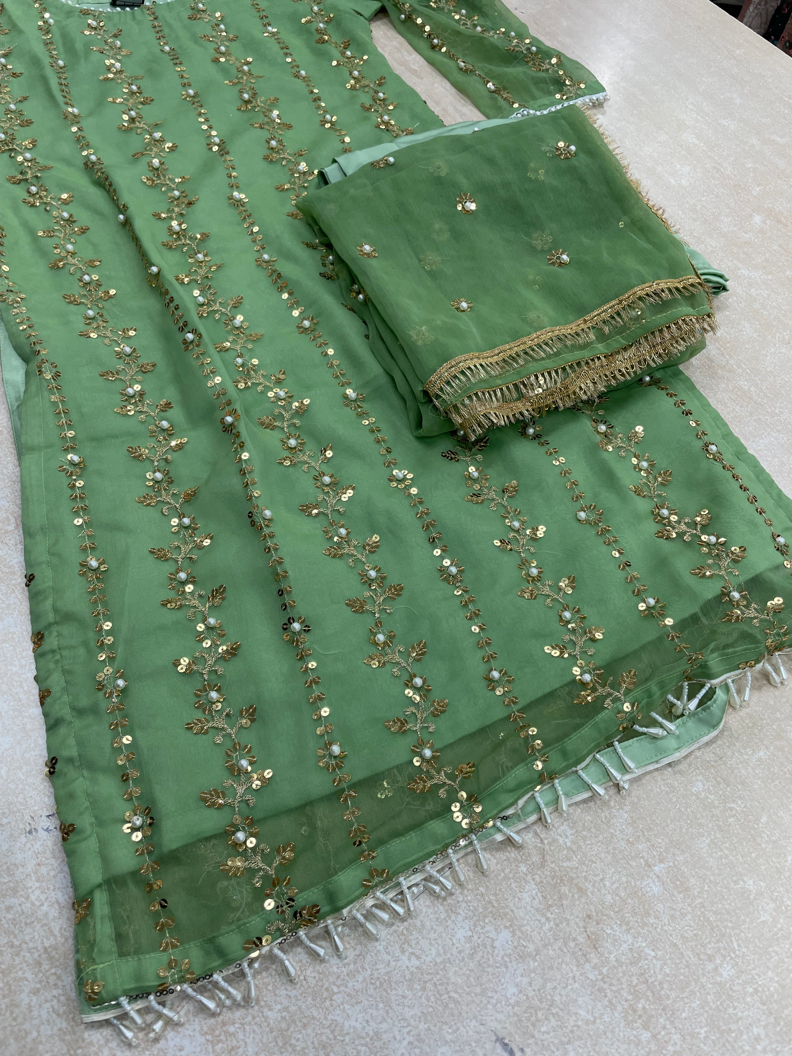 Green Chiffon Shalwar kameez with Gold Embroidery & Gem work - 3pcs