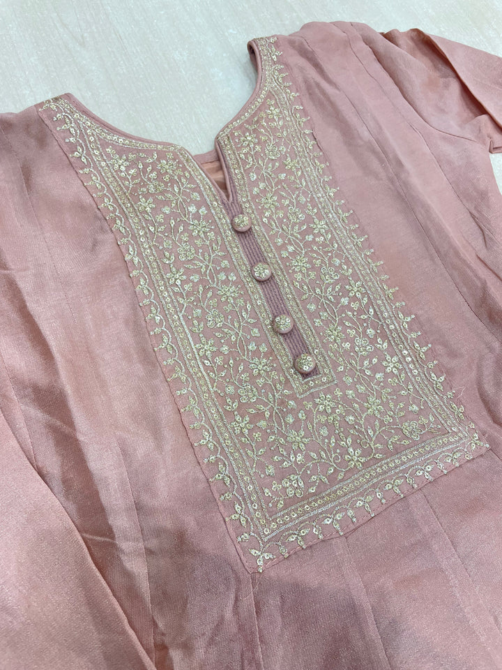Yasmin - Blush Peach Bhagalpuri Silk Frock with Digital Print Dupatta - 2pcs